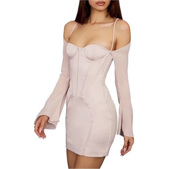 House of CB Isra Long Sleeve Georgette Corset Mini Dress in Crystal Pink Size S - Picture 3 of 14